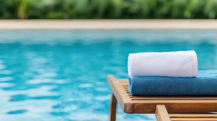 Relaxing Poolside Scene with Fresh Towels on a Wooden Lounge Chair Near a Sparkling Blue Swimming Pool