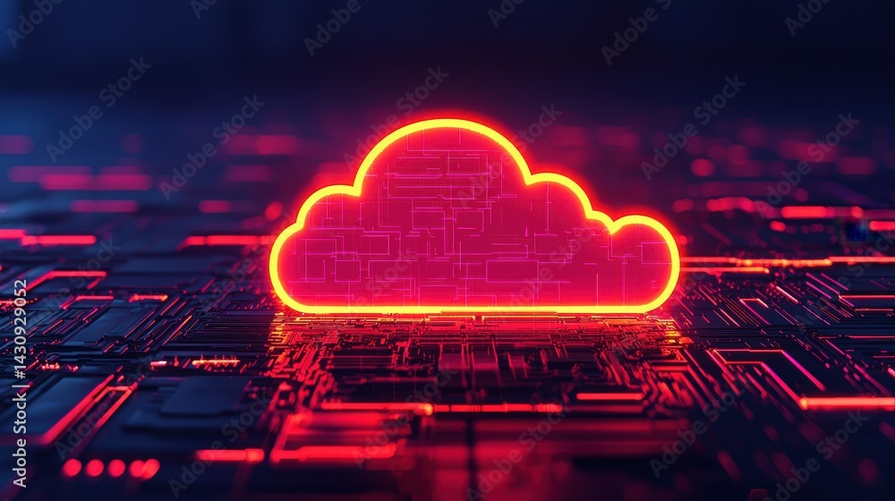 Poster neon cloud symbol over digital background representing modern technology and data storage solutions