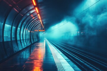 Mysterious subway station illuminated by neon lights and shrouded in fog during evening hours