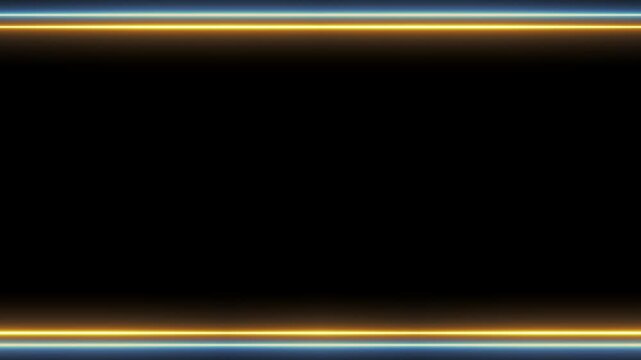 Long rectangular, horizontal colorful, yellow blue neon flashing long lines on black background. Space for your own content.