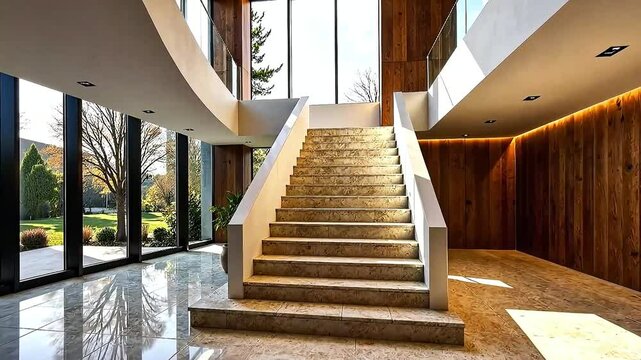 Elegant staircase with natural light and modern design elements, indoors. Luxury home design idea in white and brown colors with marble or granite stairway