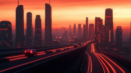 Obraz premium Futuristic City Skyline at Sunset with Bright Lights and Cars on a Highway