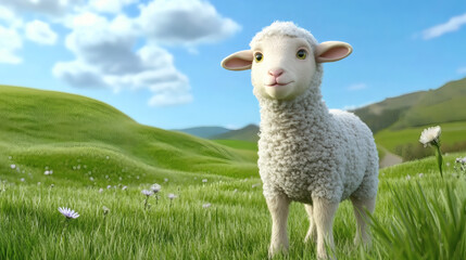 Fototapeta premium Cute lamb standing in a green field with blue sky and white clouds during the daytime outdoors view