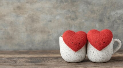 Obraz premium Two Cute Heart-Shaped Felt Decorations in Coffee Mugs on Rustic Wooden Table Background