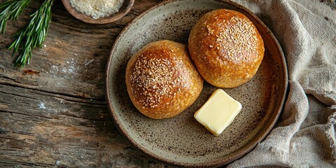 A whole wheat savory roll with a crispy crust and soft inside, served on a rustic plate with a pat of butter