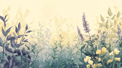 Pastel wildflowers in a meadow bathed in soft light