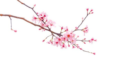 Fototapeta premium Delicate pink cherry blossoms, branches gracefully arranged against a pure white background, pretty, minimal