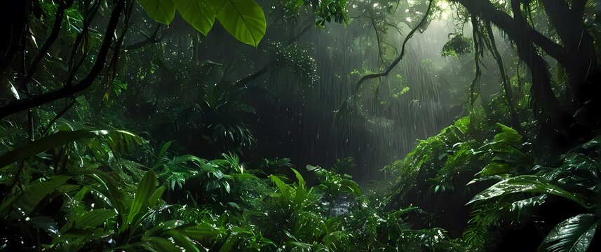 Heavy rainfall pounding a lush jungle canopy with streams of water pouring off thick green leaves into shaded undergrowth