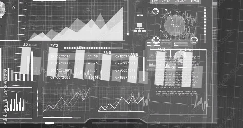 Poster flat design interface being rendered on screen, showing bar charts, waveforms, hex code, grid axes