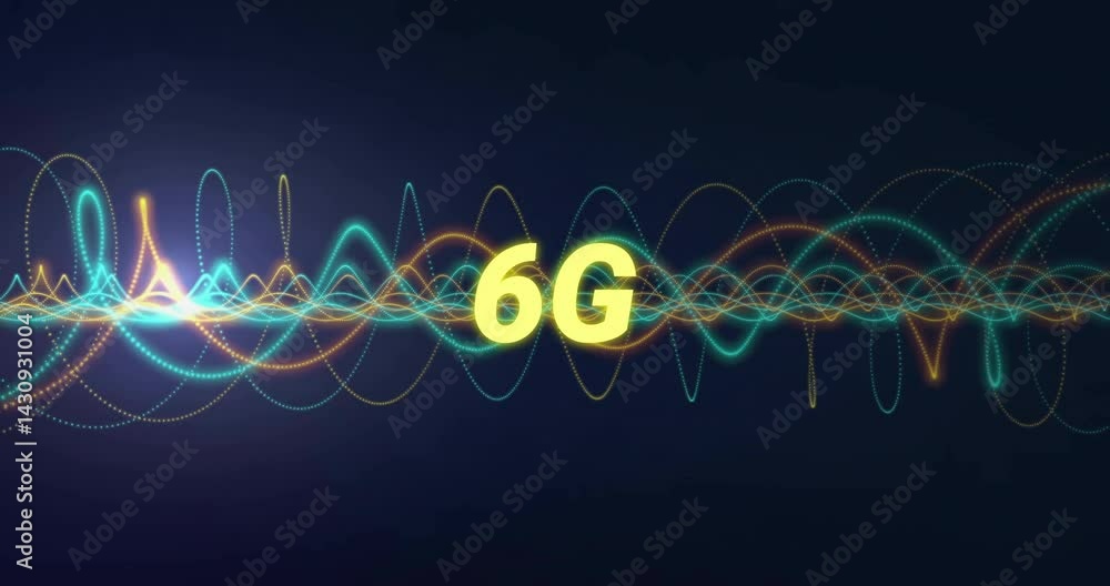 Poster bold glowing 6g text floating amidst pulsating neon teal and yellow waveforms forming digital loops