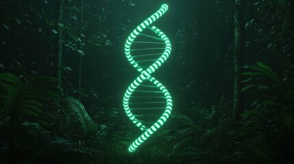 Neon Green DNA Helix in Lush Forest Background with Mysterious Ambient Lighting