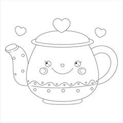 A cute, cartoon-style teapot with a smiling face, decorated with hearts and dots. The teapot has a round body,