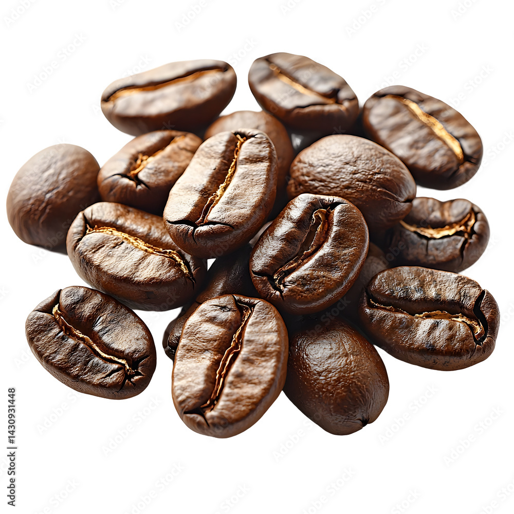 Poster a close up image of several freshly roasted coffee beans neatly arranged in a small cluster against 