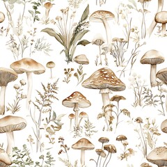 Autumn seamless pattern of mushrooms and forest plants