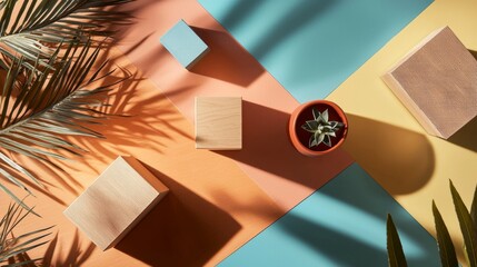 Top-down abstract flat lay with plants and shadows