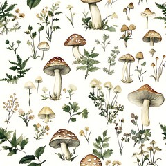 Autumn seamless pattern of mushrooms and forest plants