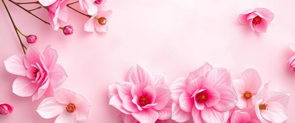 Fototapeta premium Delicate pink & white abstract floral background with soft textured frame, design, pink flowers