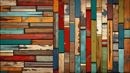 A rustic wooden wall made from reclaimed wood, featuring a mix of weathered boards in varying tones and textures