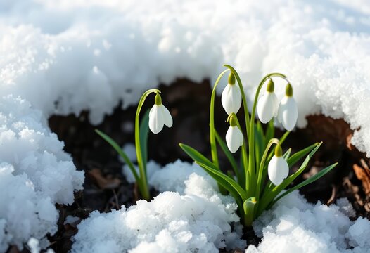 Delicate snowdrops emerge from melting snow, a pristine early spring scene, stock photo, picture