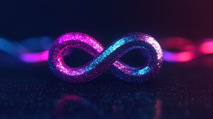 Shiny Glittery Infinity Symbol on Dark Background with Colorful Light Effects and Sparkles