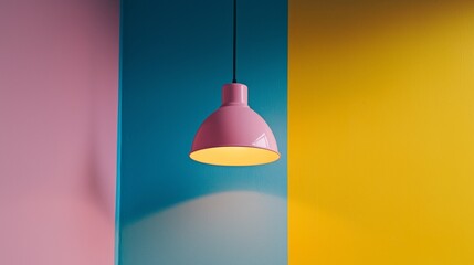 Hanging pink lamp over yellow and blue geometric wall
