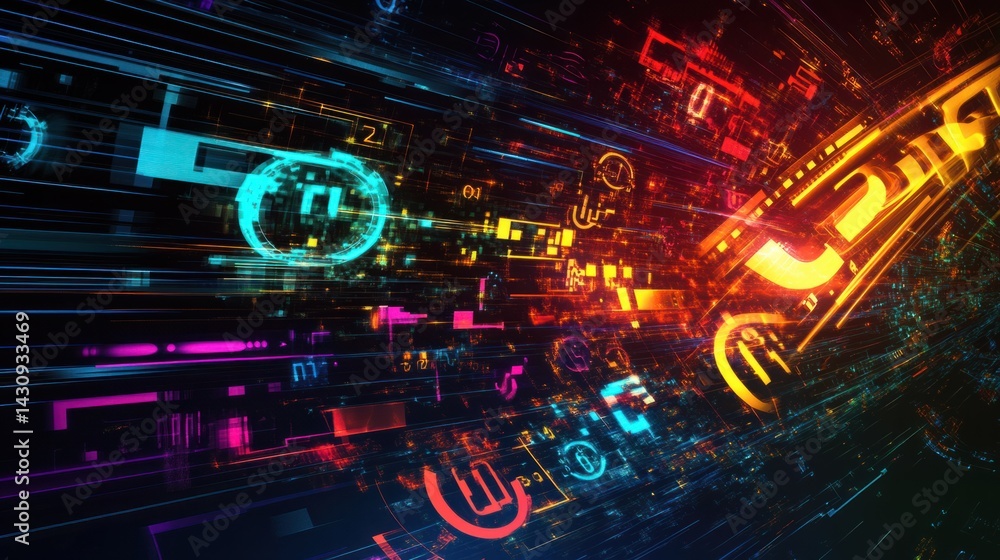 Poster vibrant digital explosion of colorful light and data streams