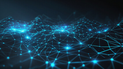 Abstract digital network connecting dots glowing blue nodes dark background