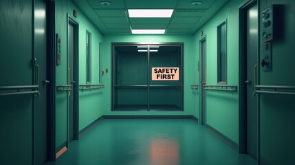 Intense Green Hallway with Visible Safety Sign in a Modern Hospital Environment