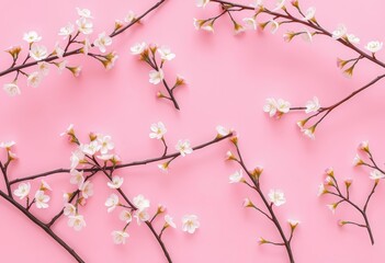 Delicate spring pink flower branches forming a seamless repeating pattern on a soft pink background, art, spring
