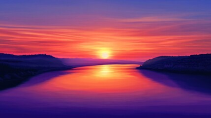 Fototapeta premium Vibrant sunset over a tranquil river valley