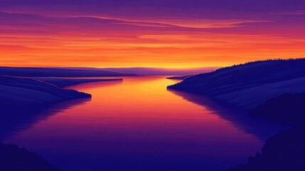 Fototapeta premium Serene river sunset over hills