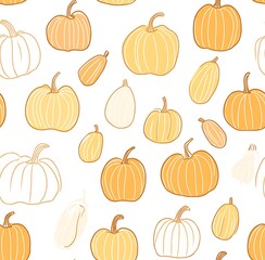 Autumn seamless pattern of pumpkins, acorns, and apples in shades of green, orange, and red on a white background