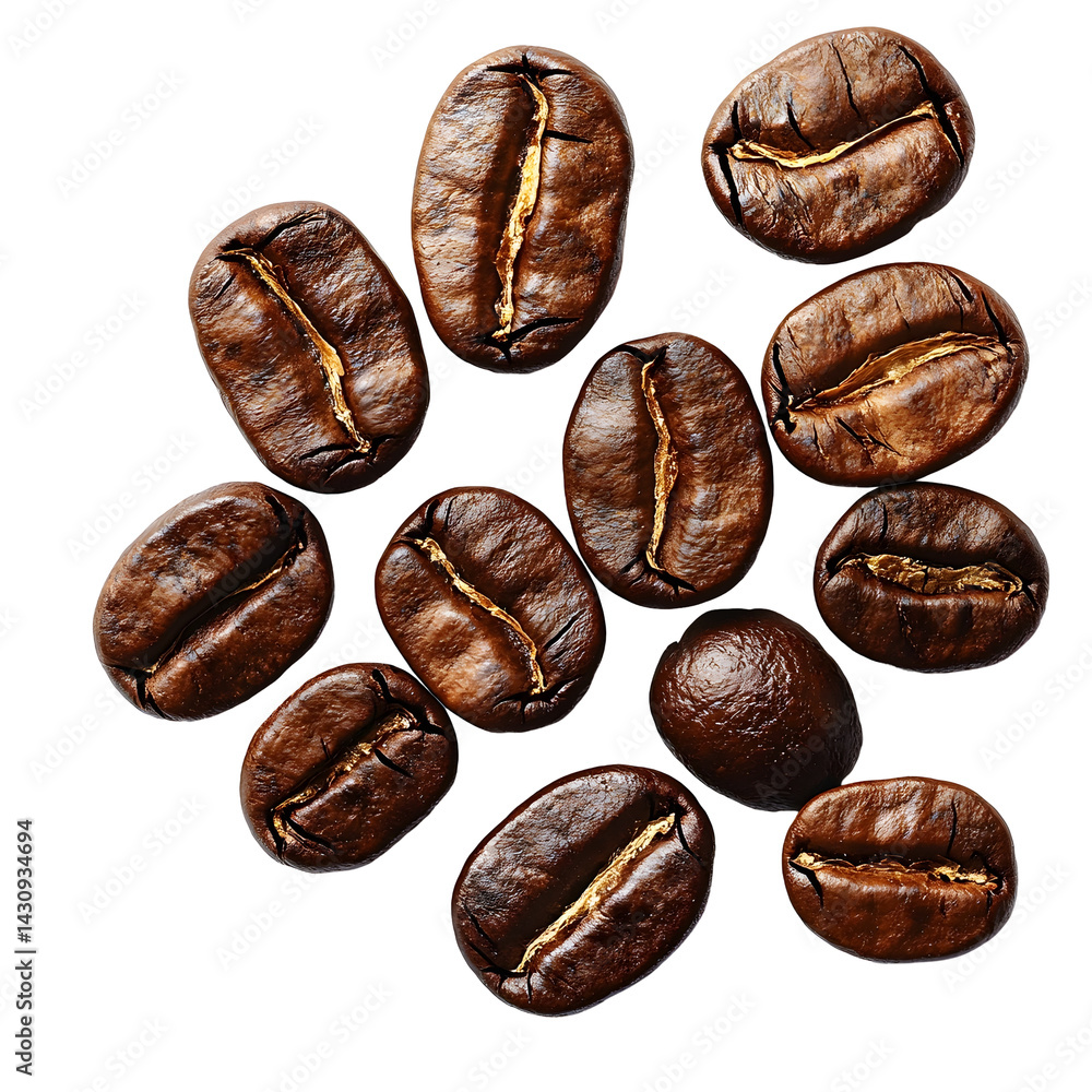 Poster a minimal close up image of a small pile of medium roast coffee beans arranged in a natural scattere