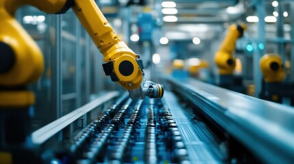 Yellow industrial robots manipulate components on a factory assembly line.