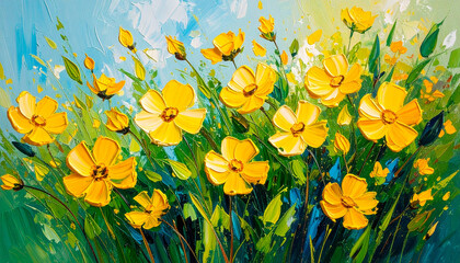 Rough palette knife oil painting of yellow wild flowers. Floral design. Hand drawn botany art.