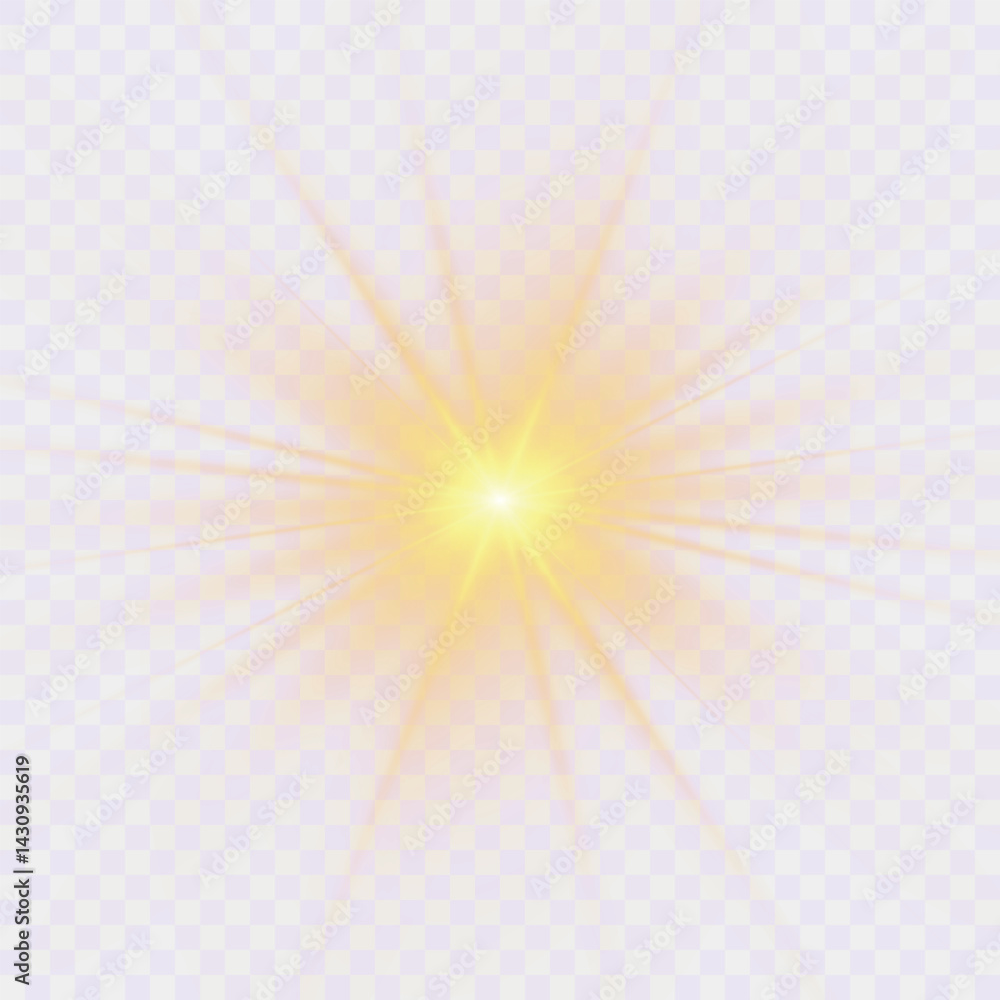 Poster yellow sun, a flash, a soft glow without departing rays. star flashed with sparkles isolated on whit