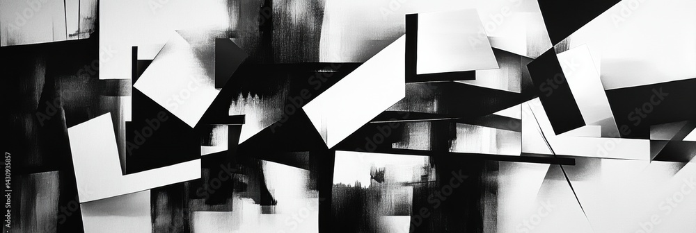 Poster cubism design exploring geometric forms in black and white, showcasing fragmented shapes and contras