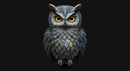 Standing Owl Illustration with Textured Feathers Against Dark Background