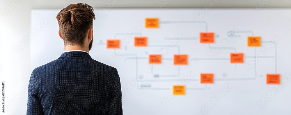 Poster man observing a flowchart on a whiteboard for strategy planning.