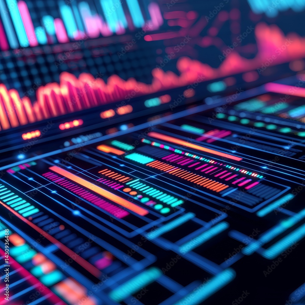Poster abstract digital data visualization with vibrant colors and graphs.