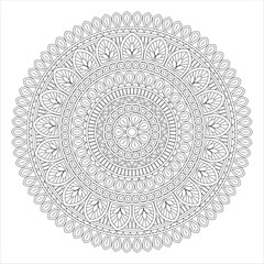 A detailed black and white mandala design featuring intricate patterns of leaves and circles, suitable for coloring or artistic projects.