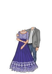 Elegant caricature couple with woman in a purple gown and man in grey suit, perfect for engagement cards and wedding-themed digital projects.