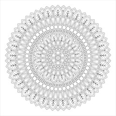 A detailed black and white mandala design featuring intricate floral patterns and leaf motifs, suitable for coloring or decorative purposes.