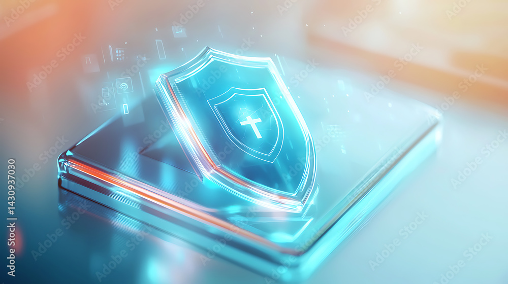 Poster digital security shield on laptop tech setup graphic design modern workspace close-up cybersecurity 