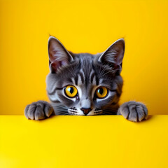 Fototapeta premium A gray tabby kitten with striking yellow eyes playfully peeks over a bright yellow surface, its paws resting on the edge. The vibrant contrast creates a cheerful and captivating image.