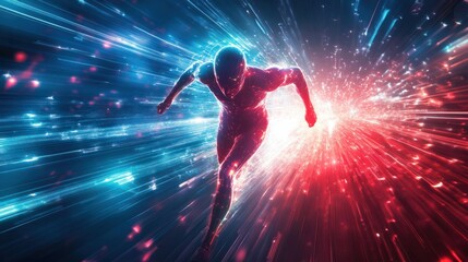 Dynamic Athlete in Motion with Energetic Light Burst Effects