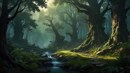 Sunlit Forest Path, Stream, Mystical Woods, Background Fantasy, Game Design