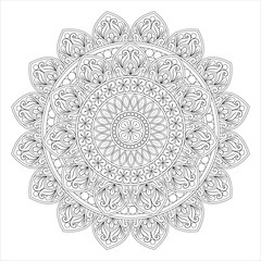 A detailed black and white mandala design featuring intricate floral patterns and symmetrical shapes, suitable for coloring or artistic projects.