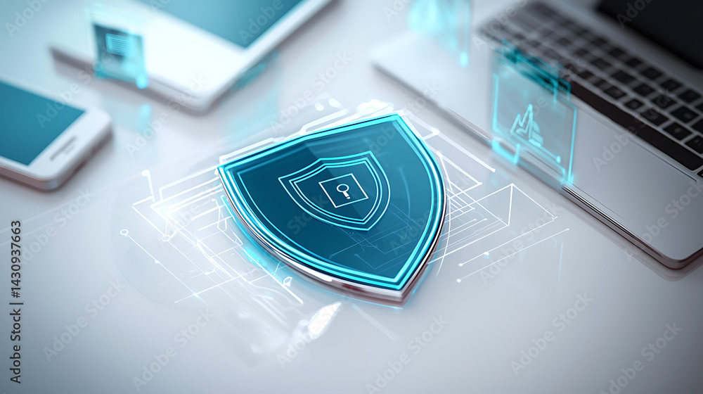 Aufkleber cybersecurity action protecting digital assets with shield graphics in modern office environment