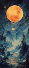 Obraz premium Night landscape art with a large moon above a body of water.
